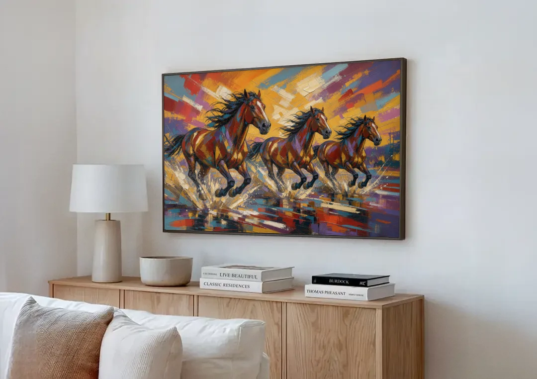 Running Horses Wall Art Splashing Through the River canvas wall art above a wooden sideboard next to a sofa