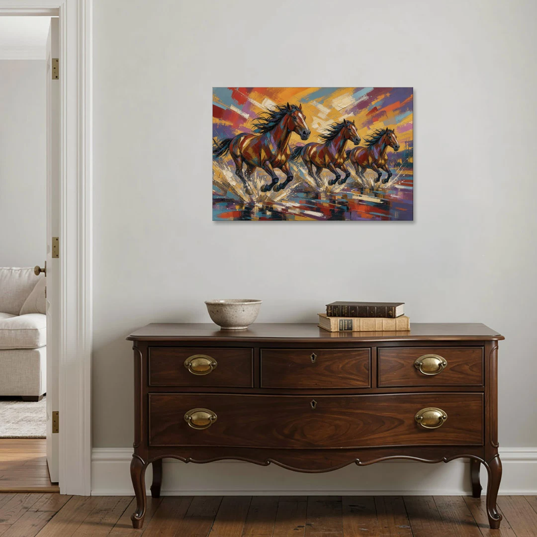 Running Horses Wall Art Splashing Through the River - Canvas Wall Art - Coffee Table - 36x24