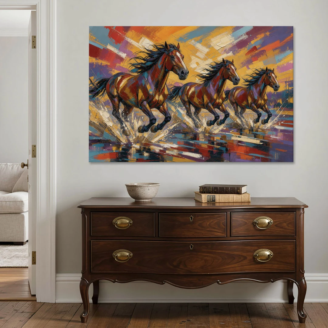 Running Horses Wall Art Splashing Through the River - Canvas Wall Art - Coffee Table - 60x40
