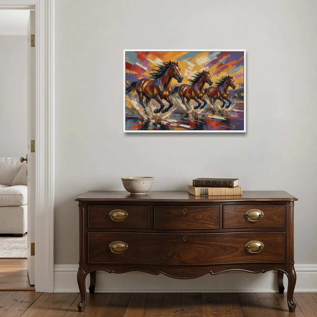 Running Horses Wall Art Splashing Through the River - White Framed Canvas Wall Art - Coffee Table - 36x24