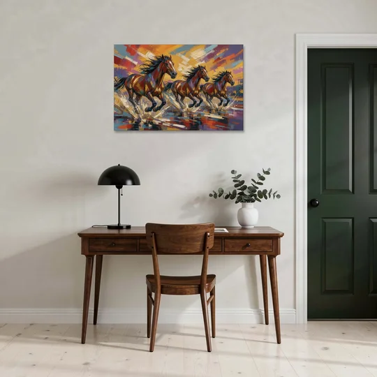 Running Horses Wall Art Splashing Through the River - Canvas Wall Art - Office - 36x24