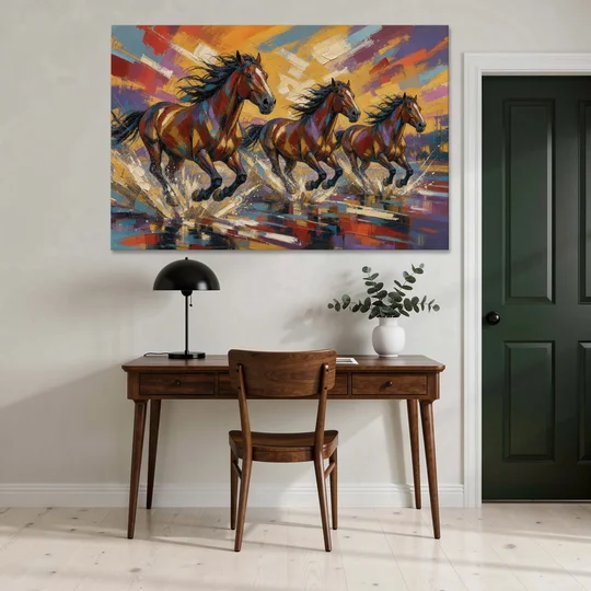 Running Horses Wall Art Splashing Through the River - Canvas Wall Art - Office - 60x40
