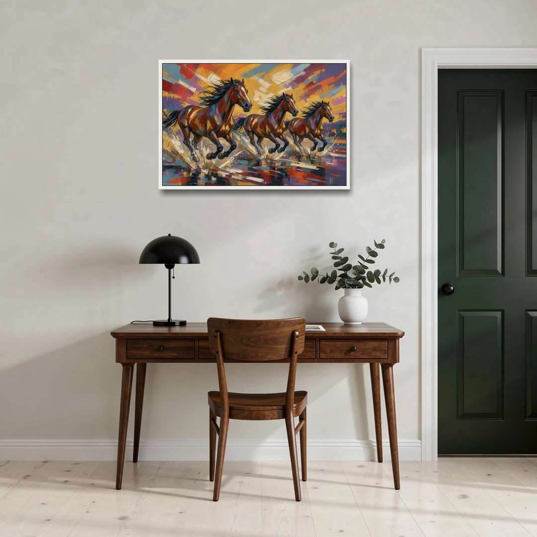 Running Horses Wall Art Splashing Through the River - White Framed Canvas Wall Art - Office - 36x24