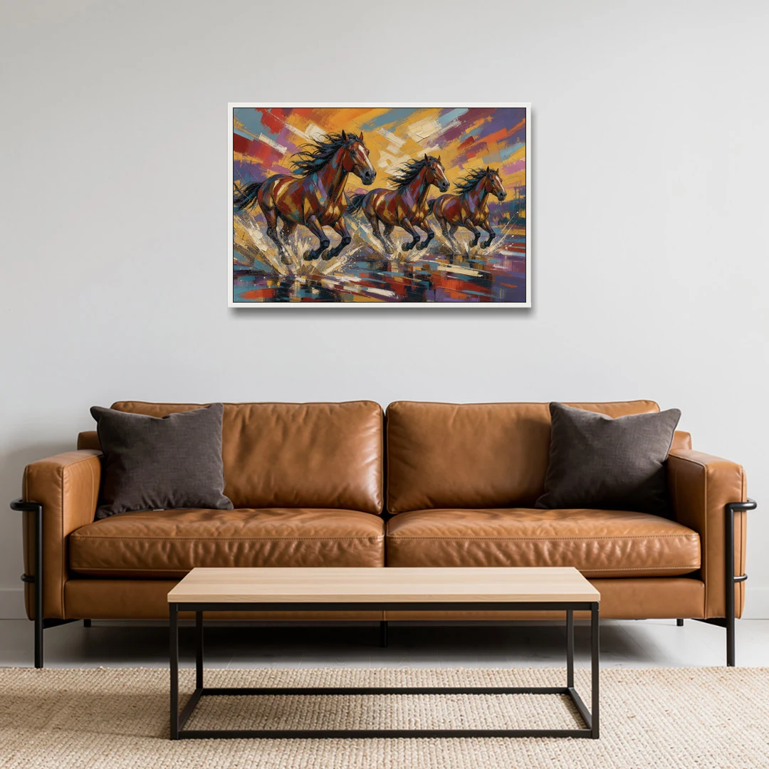 Running Horses Wall Art Splashing Through the River - White Framed Canvas Wall Art - Sofa - 36x24