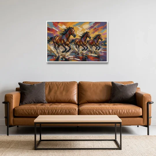 Running Horses Wall Art Splashing Through the River - White Framed Canvas Wall Art - Sofa - 36x24