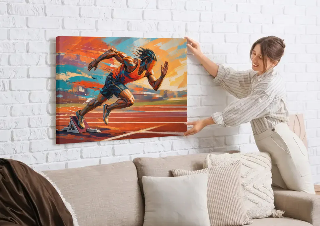 Running Wall Art Sprinter Bursting Off the Blocks canvas wall art being hung on a white brick wall above a sofa