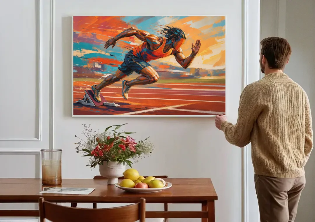 Running Wall Art Sprinter Bursting Off the Blocks canvas wall art above a dining table