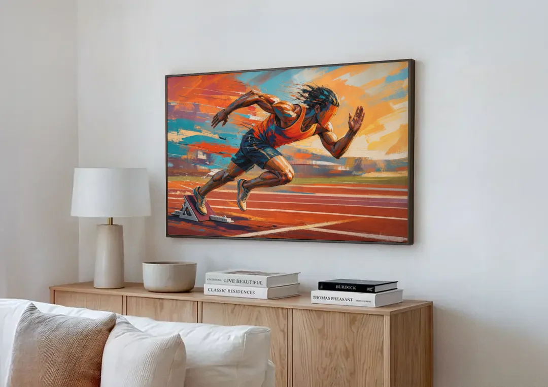 Running Wall Art Sprinter Bursting Off the Blocks canvas wall art above a wooden sideboard next to a sofa