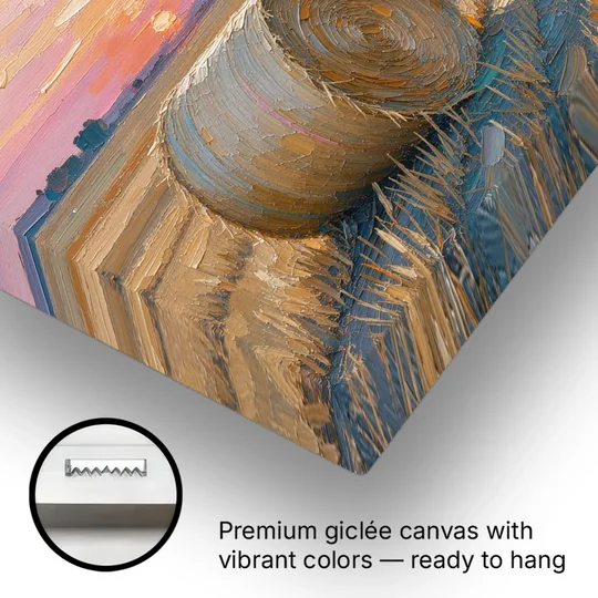 Rural Landscape Painting of Hay Bales at Sunset - Canvas Wall Art - Gallery Wrap Corner