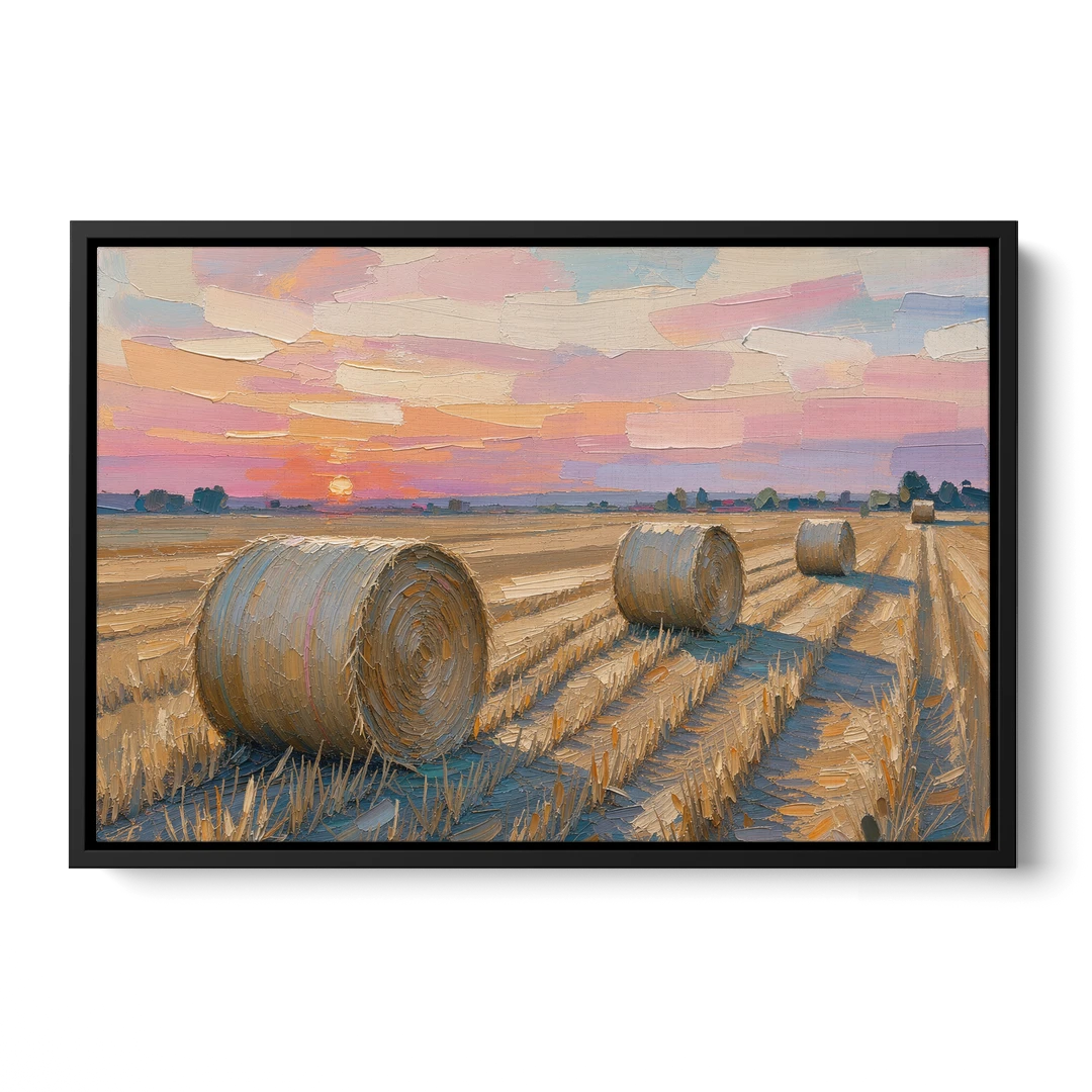 Rural Landscape Painting of Hay Bales at Sunset - Black Framed Canvas Wall Art - Front