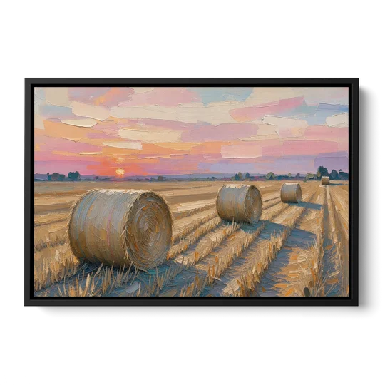 Rural Landscape Painting of Hay Bales at Sunset - Black Framed Canvas Wall Art - Front