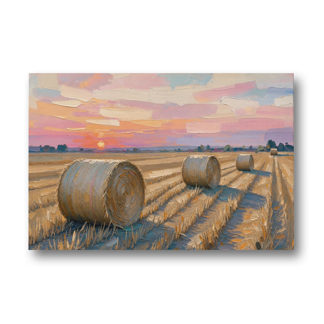 Rural Landscape Painting of Hay Bales at Sunset - Canvas Wall Art - Front