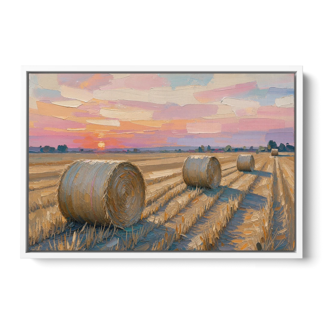 Rural Landscape Painting of Hay Bales at Sunset - White Framed Canvas Wall Art - Front