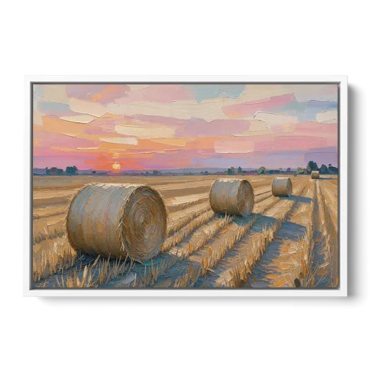 Rural Landscape Painting of Hay Bales at Sunset - White Framed Canvas Wall Art - Front