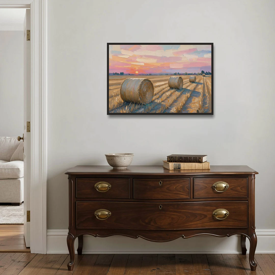Rural Landscape Painting of Hay Bales at Sunset - Black Framed Canvas Wall Art - Coffee Table - 36x24
