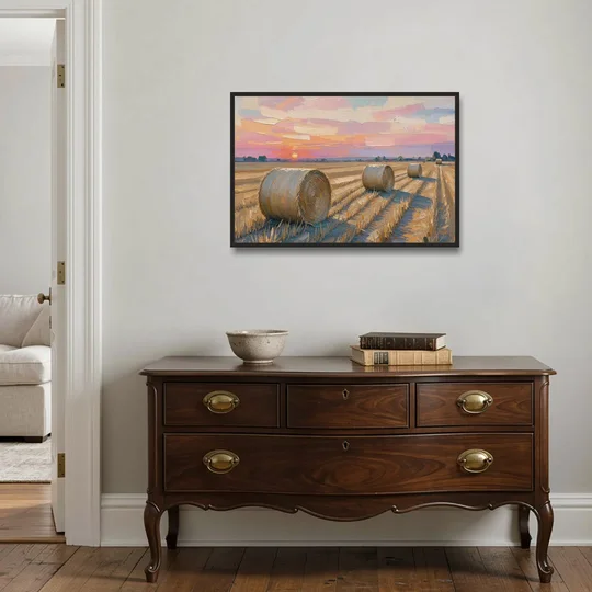 Rural Landscape Painting of Hay Bales at Sunset - Black Framed Canvas Wall Art - Coffee Table - 36x24