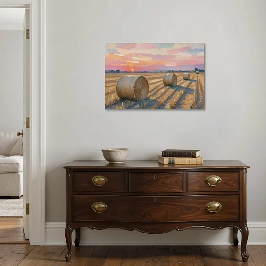 Rural Landscape Painting of Hay Bales at Sunset - Canvas Wall Art - Coffee Table - 36x24