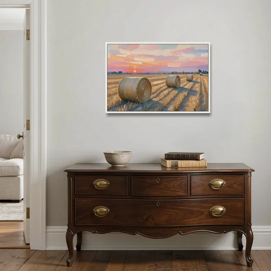 Rural Landscape Painting of Hay Bales at Sunset - White Framed Canvas Wall Art - Coffee Table - 36x24