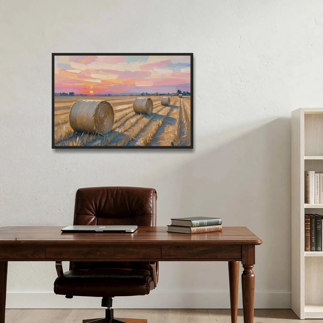 Rural Landscape Painting of Hay Bales at Sunset - Black Framed Canvas Wall Art - Office - 36x24