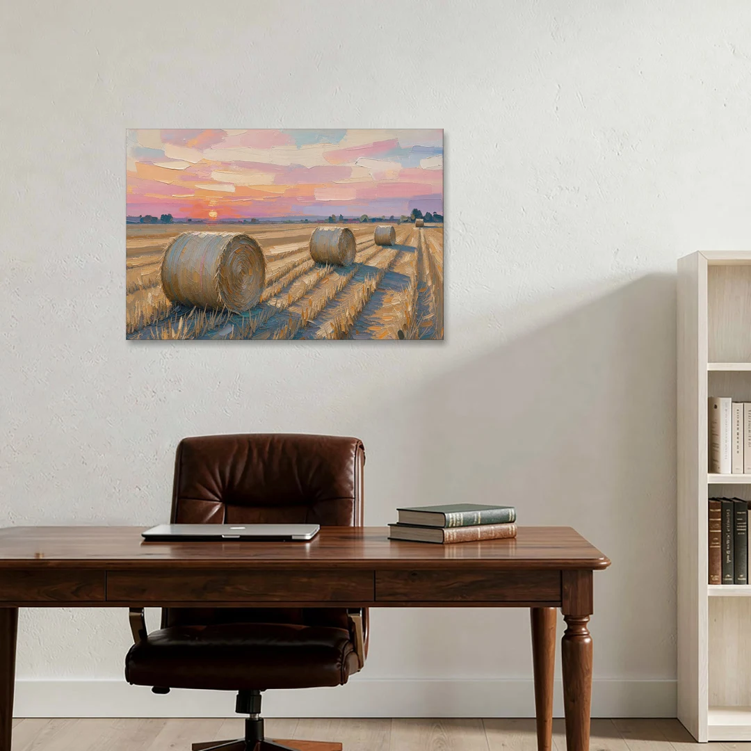 Rural Landscape Painting of Hay Bales at Sunset - Canvas Wall Art - Office - 36x24
