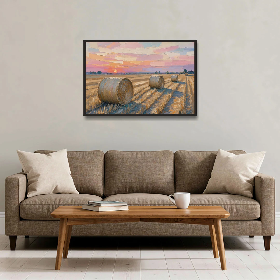 Rural Landscape Painting of Hay Bales at Sunset - Black Framed Canvas Wall Art - Sofa - 36x24