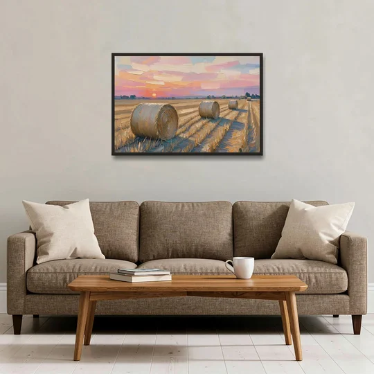 Rural Landscape Painting of Hay Bales at Sunset - Black Framed Canvas Wall Art - Sofa - 36x24