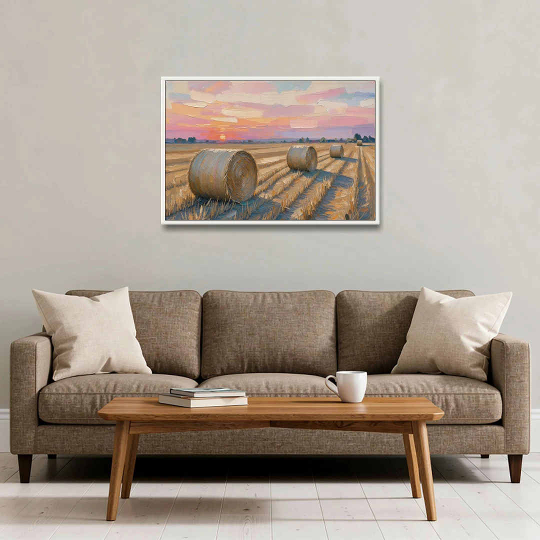 Rural Landscape Painting of Hay Bales at Sunset - White Framed Canvas Wall Art - Sofa - 36x24