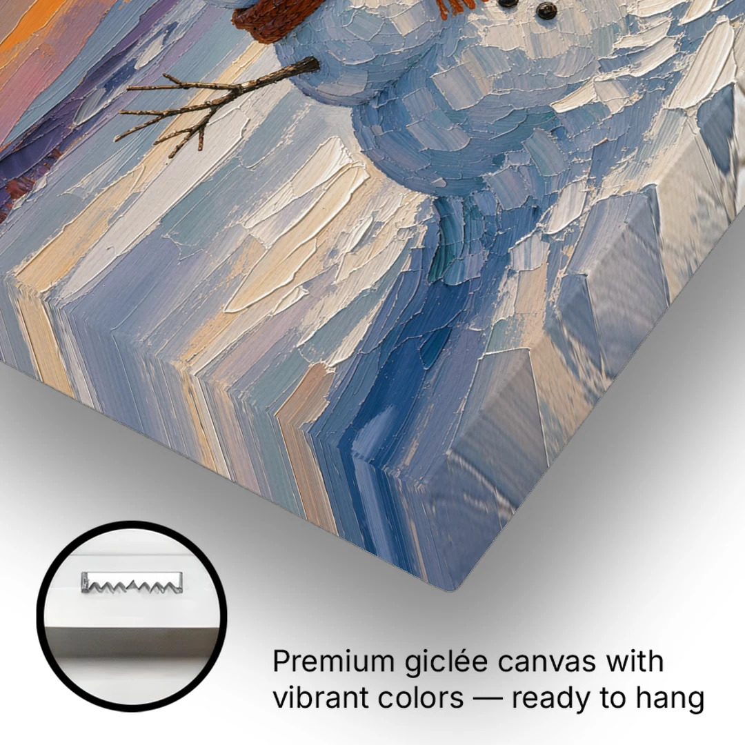 Rust Scarf Snowman at Dusk in Winter - Canvas Wall Art - Gallery Wrap Corner