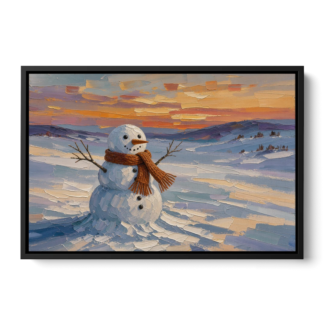 Rust Scarf Snowman at Dusk in Winter - Black Framed Canvas Wall Art - Front