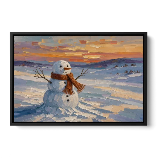 Rust Scarf Snowman at Dusk in Winter - Black Framed Canvas Wall Art - Front