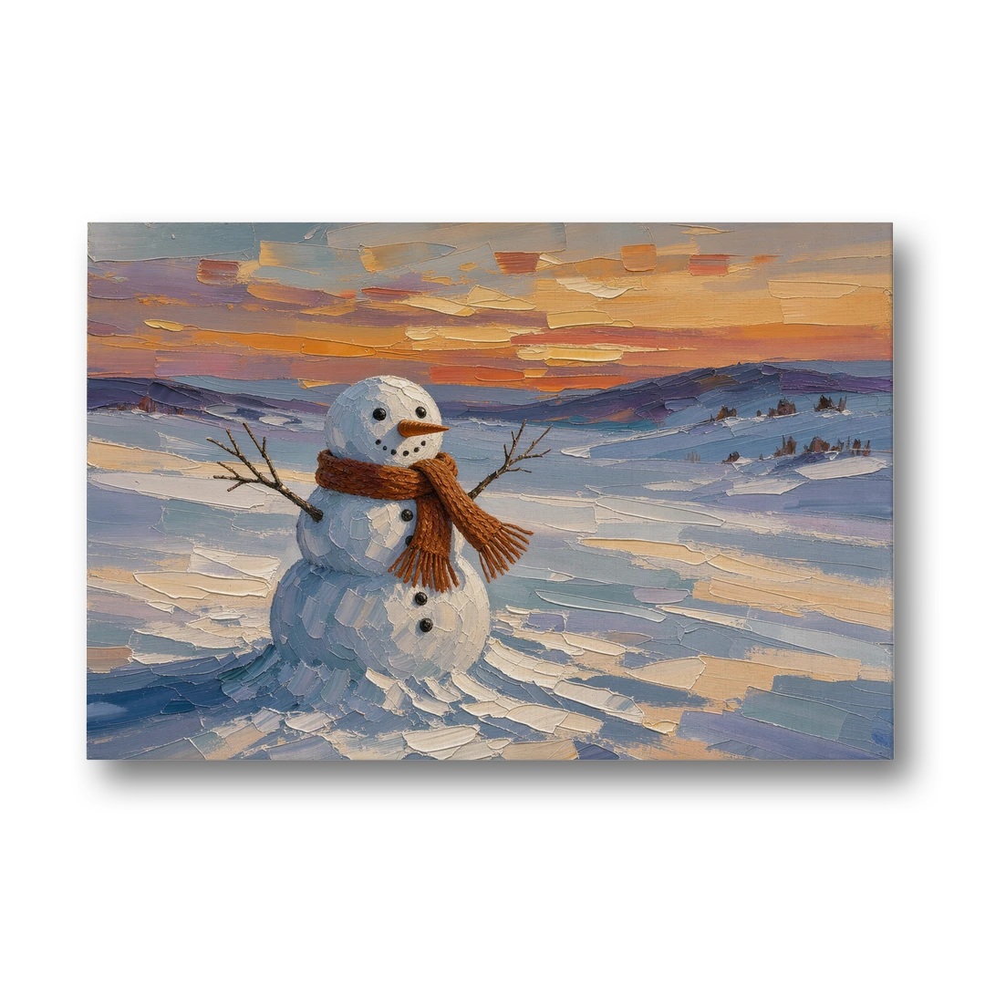 Rust Scarf Snowman at Dusk in Winter - Canvas Wall Art - Front