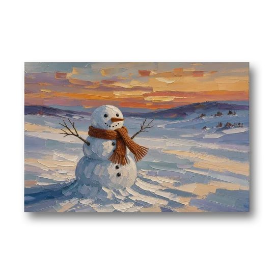 Rust Scarf Snowman at Dusk in Winter - Canvas Wall Art - Front