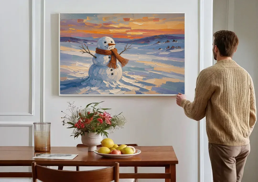 Rust Scarf Snowman at Dusk in Winter canvas wall art above a dining table