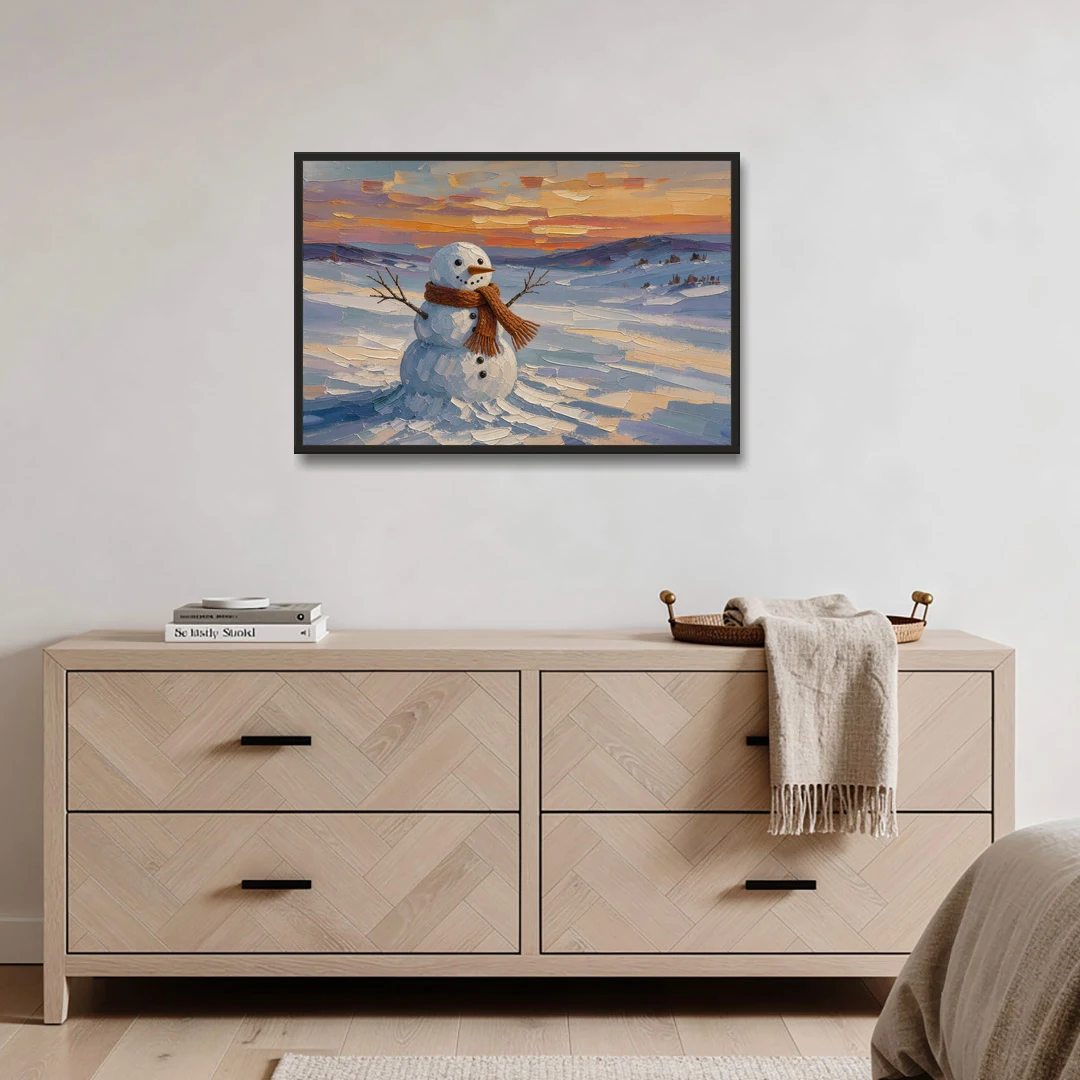 Rust Scarf Snowman at Dusk in Winter - Black Framed Canvas Wall Art - Coffee Table - 36x24