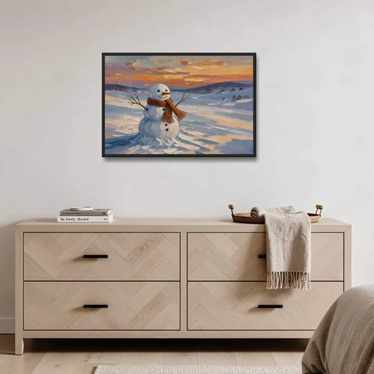 Rust Scarf Snowman at Dusk in Winter - Black Framed Canvas Wall Art - Coffee Table - 36x24