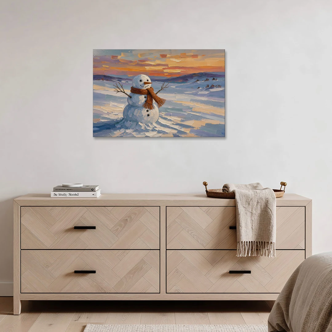 Rust Scarf Snowman at Dusk in Winter - Canvas Wall Art - Coffee Table - 36x24