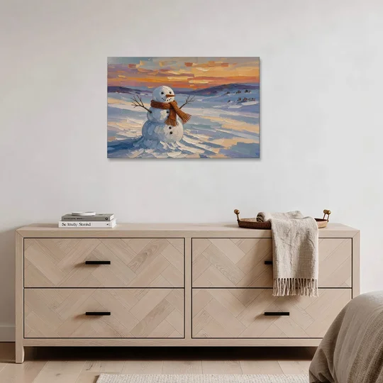 Rust Scarf Snowman at Dusk in Winter - Canvas Wall Art - Coffee Table - 36x24