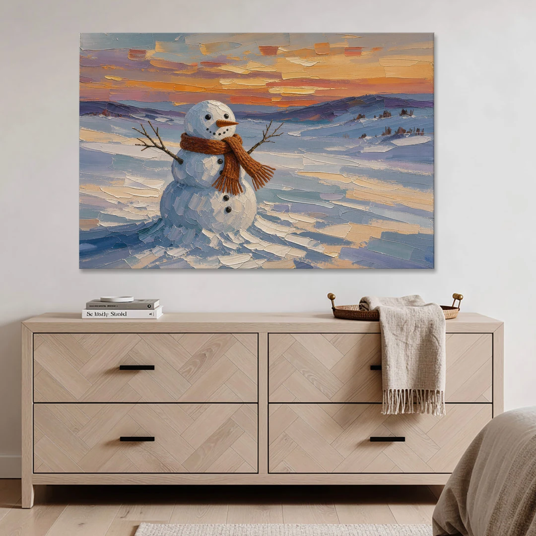 Rust Scarf Snowman at Dusk in Winter - Canvas Wall Art - Coffee Table - 60x40