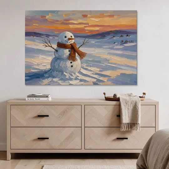 Rust Scarf Snowman at Dusk in Winter - Canvas Wall Art - Coffee Table - 60x40