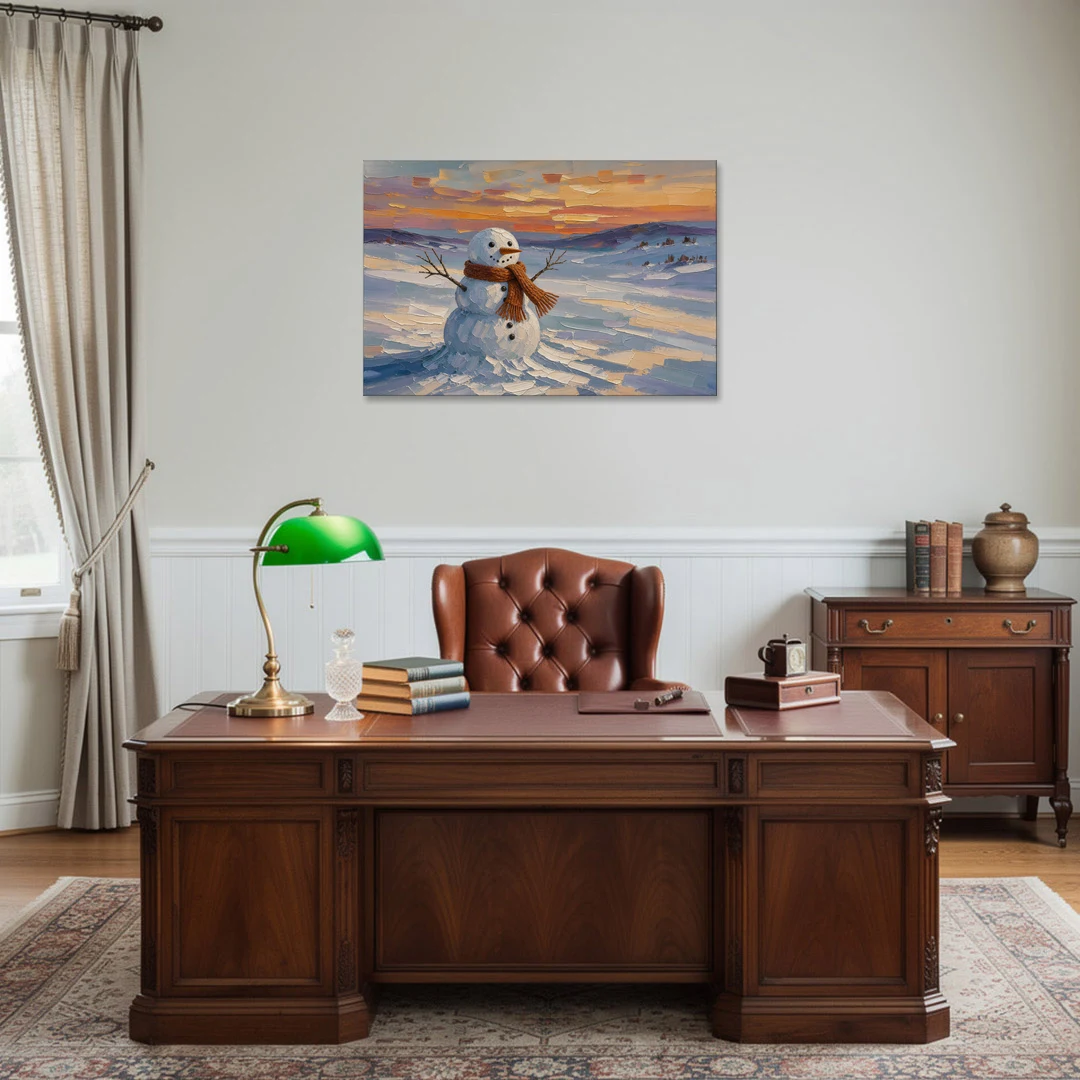 Rust Scarf Snowman at Dusk in Winter - Canvas Wall Art - Office - 36x24