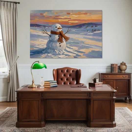 Rust Scarf Snowman at Dusk in Winter - Canvas Wall Art - Office - 60x40