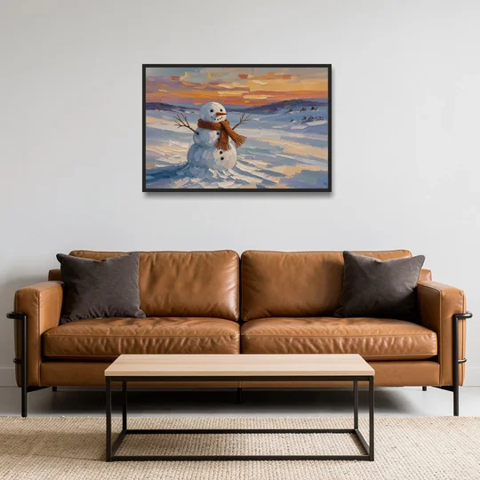 Rust Scarf Snowman at Dusk in Winter - Black Framed Canvas Wall Art - Sofa - 36x24