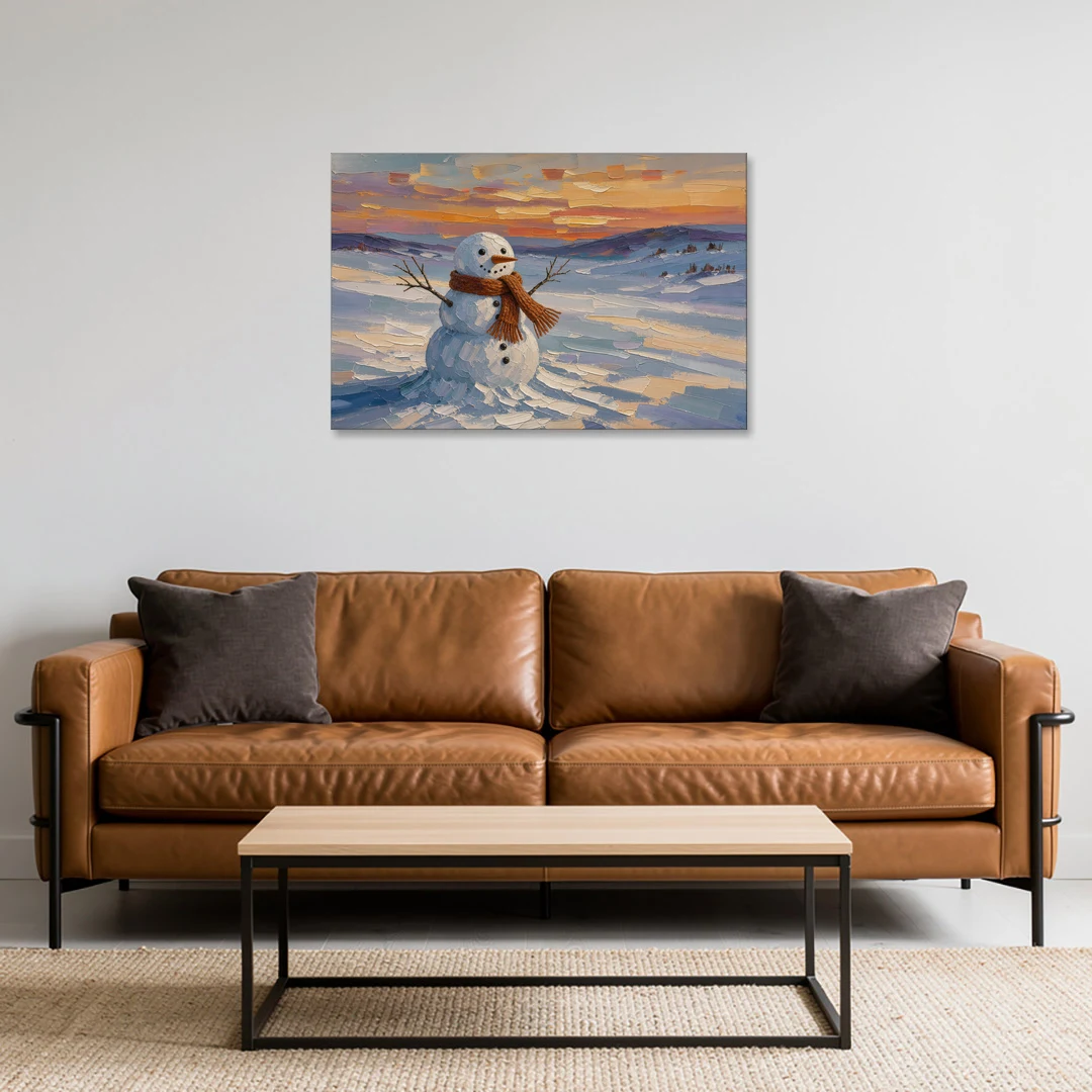 Rust Scarf Snowman at Dusk in Winter - Canvas Wall Art - Sofa - 36x24