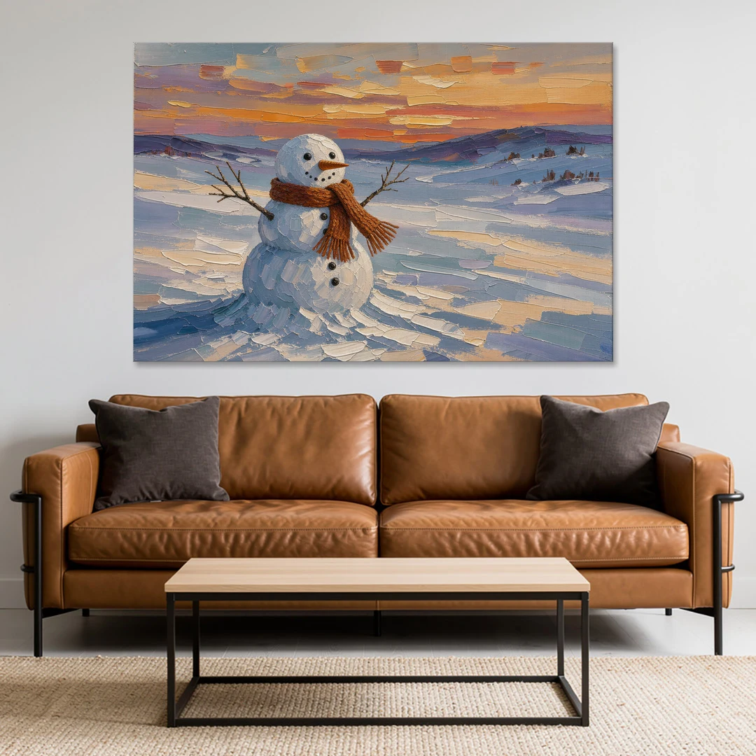 Rust Scarf Snowman at Dusk in Winter - Canvas Wall Art - Sofa - 60x40