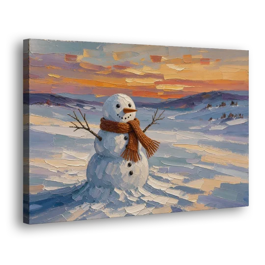 Rust Scarf Snowman at Dusk in Winter - Canvas Wall Art - Side