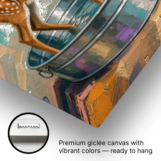 Rustic Bathroom Wall Art Fawn in a Washtub - Canvas Wall Art - Gallery Wrap Corner