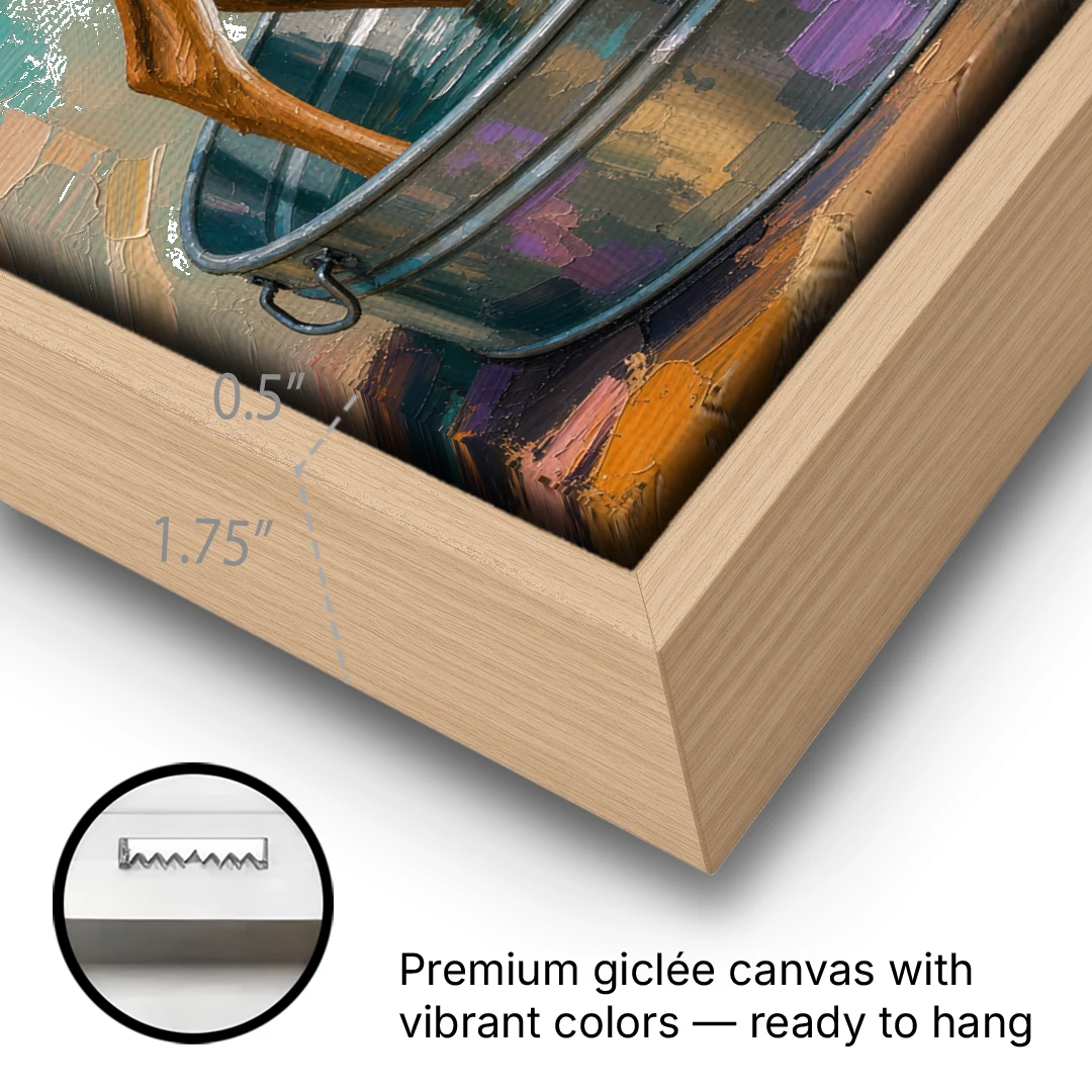Rustic Bathroom Wall Art Fawn in a Washtub - Oak Framed Canvas Wall Art - Gallery Wrap Corner