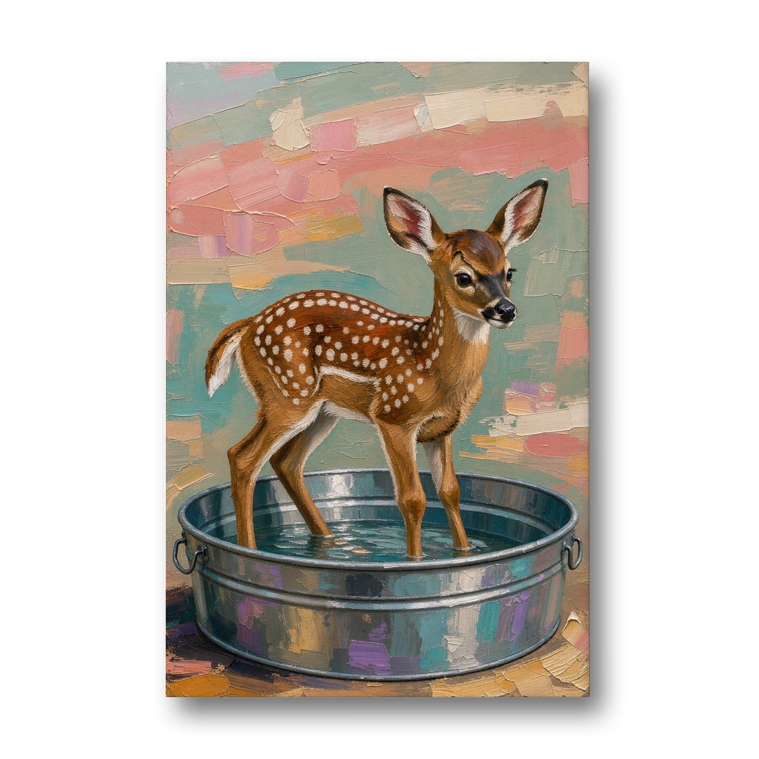 Rustic Bathroom Wall Art Fawn in a Washtub - Canvas Wall Art - Front