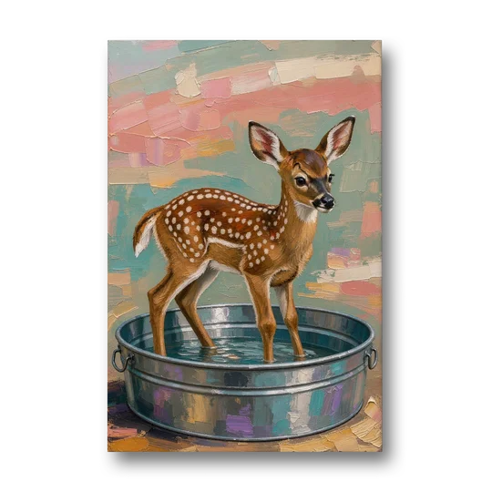 Rustic Bathroom Wall Art Fawn in a Washtub - Canvas Wall Art - Front