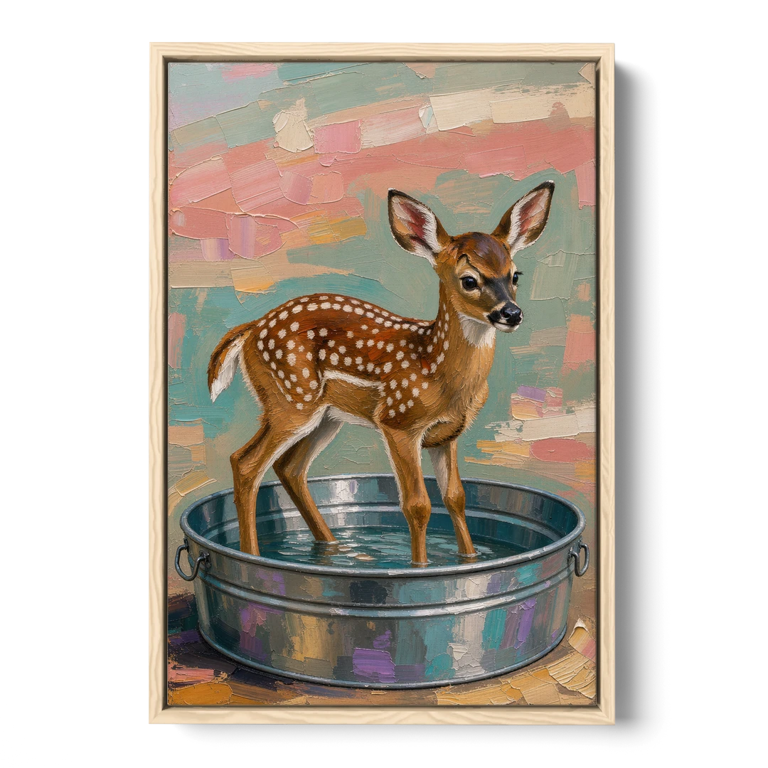 Rustic Bathroom Wall Art Fawn in a Washtub - Oak Framed Canvas Wall Art - Front